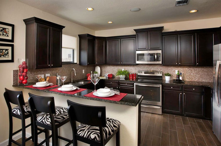 Dark kitchen cabinets with black pearl granite countertops